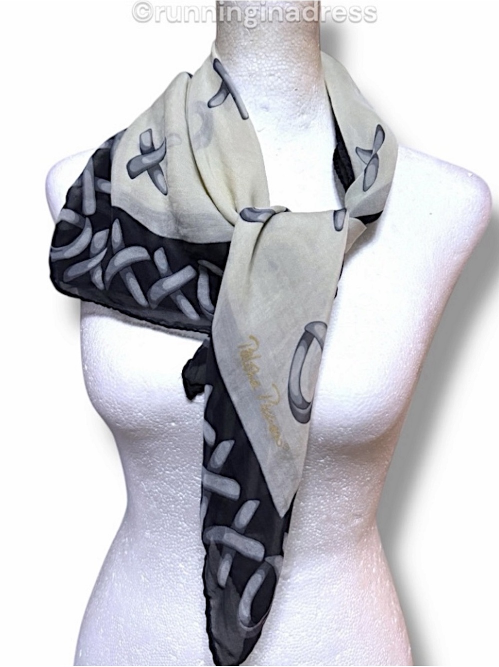 Vintage Paloma Picasso XOXO Silk Scarf Black Beige Hugs & Kisses Italy - Picture 7 of 16